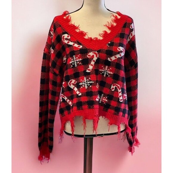 Derek Heart Distressed Cropped V Neck Sweater Junior Size L Plaid Candy Cane - Picture 5 of 16